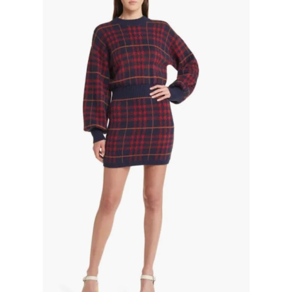 New En Saison Bronte Plaid Sweater Dress Anthropologie Navy Red Knit Minidress S